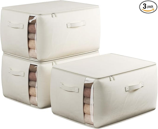 TomVista Large Canvas Clothes Storage Bags with Thick Handles and Clear Window, Foldable Cotton Linen Underbed Closet Organizer for Clothing, Blankets and Bedding, 60L, 3 Pack, Beige