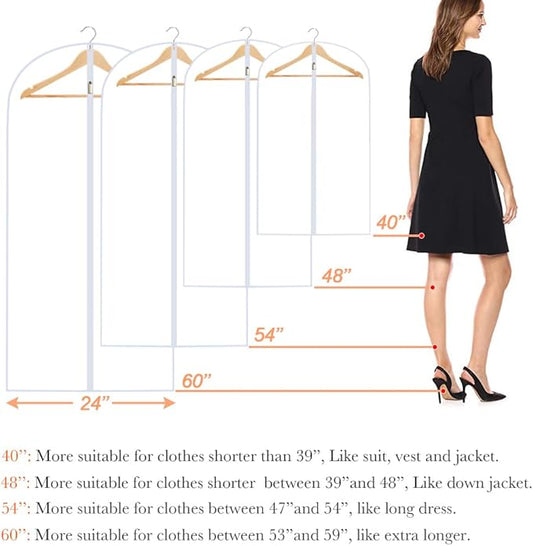 Garment Bags for Closet Storage (set of 12) Wedding Dress Garment Bag Clothes Bags for Storage Plastic Waterproof Dress Cover with Zipper for Dresses, Coats, Uniforms, Long Coats, Trench 24'' x 60''