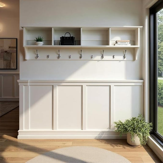Prepac 60" Contemporary Wall Mounted Coat Rack, Coat Hooks Wall Mount with 4 Shelves, Ideal for Hallway or Entryway Storage Solution, 11.5"D x 60"W x 16.5"H, White