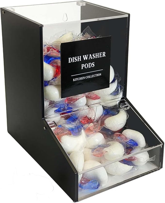 Laundry Pods Container, Acrylic Candy Dispenser with 2 Lid, Dishwasher Pod Holder for Laundry Room, Home, kitchen, Office Used- Stand or Wall Mount,Black