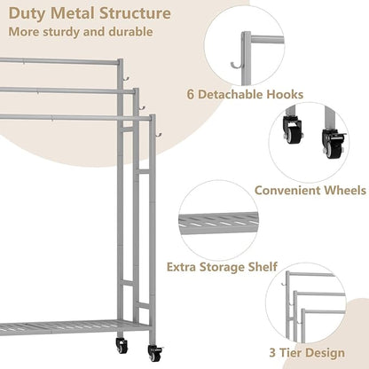 SORCEDAS Towel Rack 3 Tier Free Standing Metal Towel Stand with Storage Shelf and Wheel for Extra Large Towel Blanket Drying (Grey)