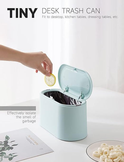 Mini Trash Can with Lid Removable Small Garbage Can, Tiny Plastic Trash Bin, Pop Up Countertop Wastebasket, Counter Garbage Lint Bin (Light Blue)