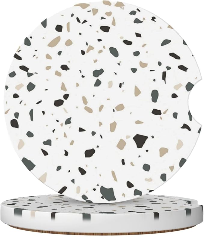 Terrazzo Marble Car Cup Holder Coaster 2 Pack Absorbent Ceramic Car Coasters for Cup Holders Car Accessories Interior for Women Men Universal Anti Slip Cork Base Cup Coasters with Finger Notch