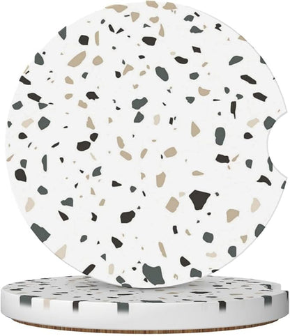 Terrazzo Marble Car Cup Holder Coaster 2 Pack Absorbent Ceramic Car Coasters for Cup Holders Car Accessories Interior for Women Men Universal Anti Slip Cork Base Cup Coasters with Finger Notch