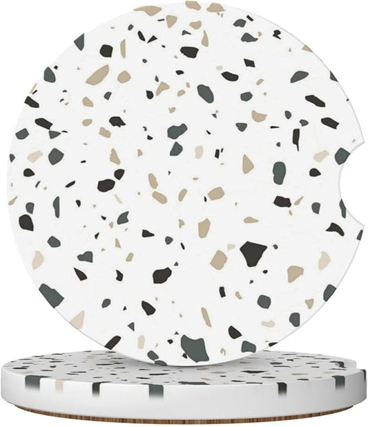 Terrazzo Marble Car Cup Holder Coaster 2 Pack Absorbent Ceramic Car Coasters for Cup Holders Car Accessories Interior for Women Men Universal Anti Slip Cork Base Cup Coasters with Finger Notch