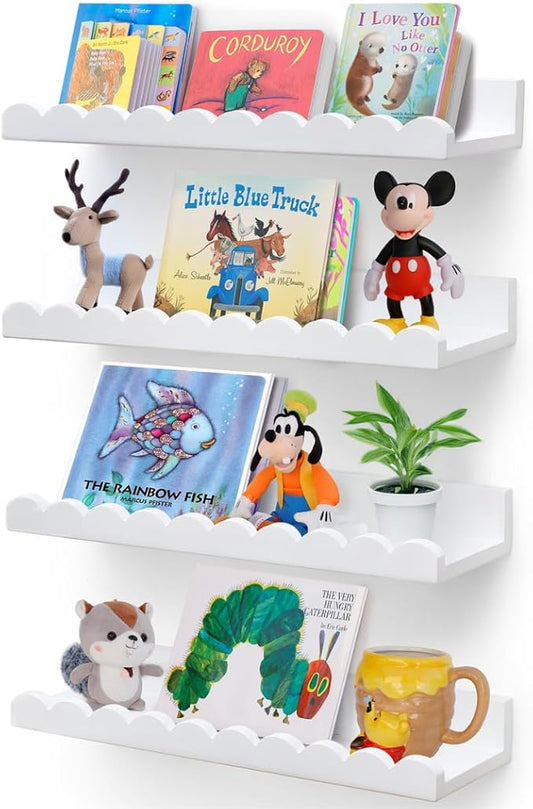 Scalloped Shelves - Set of 4 Pre-Assembled 15.6inch White Floating Nursery Book Shelves, Scalloped Book Shelf for Kids Rooms - Kids Wall Decor, Nursery Decor, Floating Shelves for Wall