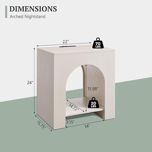 Arched End Table with Type-C Charging Station, 22" Modern Bedroom NightStand with Arched Open Shelf, Night Table with Outlet, USB, Type-C Port for Bedroom, Cream