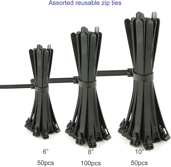 HS Reusable Zip Ties Assorted 6 8 10 Inch (200 Pack) Releasable Nylon Cable Zip Ties 50 Lbs Tensile Strength,Thick Reusable Wire Ties Outdoor Indoor Purpose