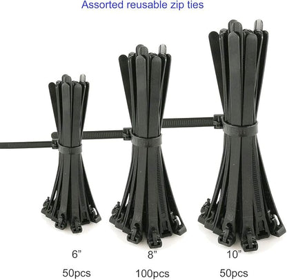 HS Reusable Zip Ties Assorted 6 8 10 Inch (200 Pack) Releasable Nylon Cable Zip Ties 50 Lbs Tensile Strength,Thick Reusable Wire Ties Outdoor Indoor Purpose