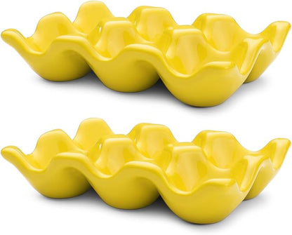 Flexzion Porcelain Egg Crate - 6-Capacity Ceramic Tray, Half Dozen Holder for Fridge, Countertop Display - Yellow Decorative Serving Dish and Storage Organizer, 2 Pack