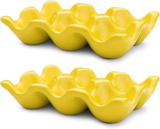 Flexzion Porcelain Egg Crate - 6-Capacity Ceramic Tray, Half Dozen Holder for Fridge, Countertop Display - Yellow Decorative Serving Dish and Storage Organizer, 2 Pack