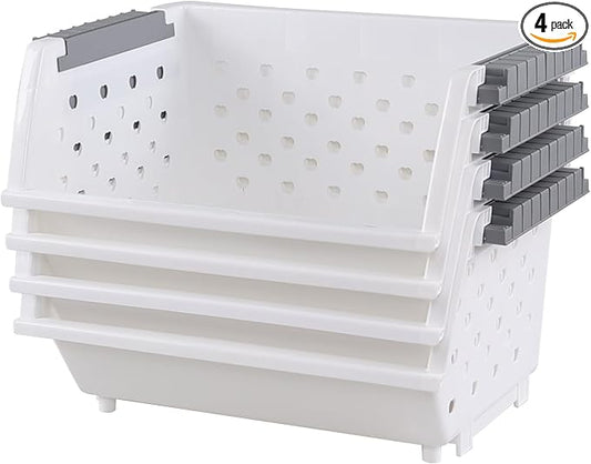 4 Pack White Large Plastic Stackable Storage Bins, Organizer Kitchen Stacking Basket Bin