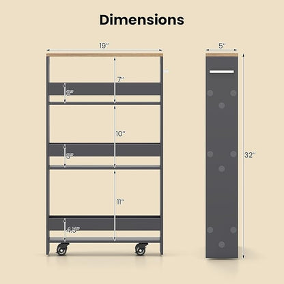 Small Kitchen Cart, 4-Tier Slim Rolling Island w/Handle, Laundry Room Storage Organizers Between Washer and Dryer, Narrow Spice Rack on Wheels Next to Fridge (Gray, 5'')