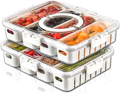 YFUIF 2 Pcs Portable Picnic Parties Fruit Tray, Fridge Food Veggie Condiment Divided Serving Preservation Storage Containers, Kitchen Clear Snackle Box Candy Organizer with Lid Handle