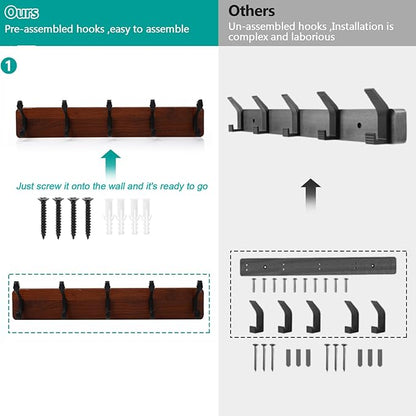 TORZCT 2PCS Coat Rack Wall Mount Coat Hooks Coat Hanger with 5 Hooks 2 Installation Over Door Hooks Wood Plank Hat Rack for Wall Hooks Hanging Coat Hat Jacketgt Mudroom Bathroom Entryway-Black