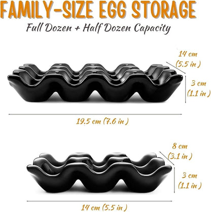 Flexzion 12 Cups Ceramic Egg Holder for Fridge - Dozen Ceramic Egg Tray Porcelain Container Storage Organizer Decorative Serving Stand Serveware for Refrigerator Countertop Display (Black, 2 Pack)