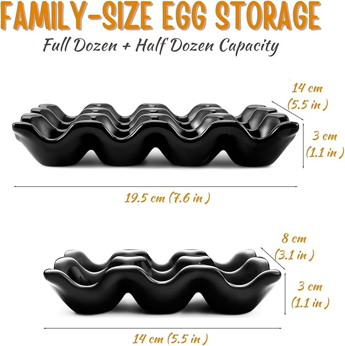 Flexzion 12 + 6 Cups Ceramic Egg Holder for Fridge - 18 Porcelain Egg Tray Container Keeper Storage Organizer Decorative Serving Stand Serveware for Refrigerator Countertop Display Kitchen (Black)