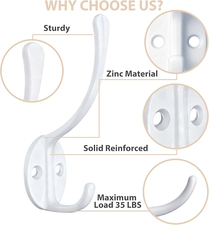 14 Pack Coat Hooks Wall Mounted with 28 Screws, Heavy Duty White Towel Hooks Metal Double Hooks, No Rust Retro Rustic Wall Hooks for Hanging Towel, Coat, Scarf, Bag, Hat, Cup, Key
