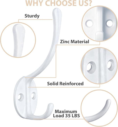 14 Pack Coat Hooks Wall Mounted with 28 Screws, Heavy Duty White Towel Hooks Metal Double Hooks, No Rust Retro Rustic Wall Hooks for Hanging Towel, Coat, Scarf, Bag, Hat, Cup, Key