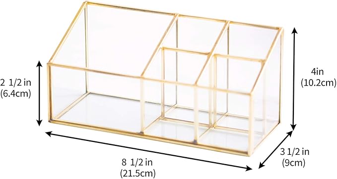 Golden Vintage Glass Box Clear Glass & Brass Metal Storage Jewelry and Cosmetic Makeup Brush Lipstick Holder Organizer Beauty Display with 5 Compartment