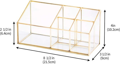 Golden Vintage Glass Box Clear Glass & Brass Metal Storage Jewelry and Cosmetic Makeup Brush Lipstick Holder Organizer Beauty Display with 5 Compartment
