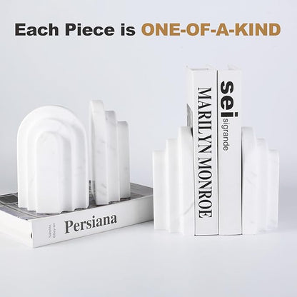 Natural Marble Book Ends - Heavy Duty Bookends for Shelves - Aesthetic Layered Arch Design Stone Book Holders, Decorative Modern Office Bookshelf Stopper Decor for Books/CDs, White
