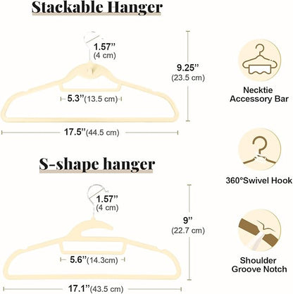 UEAKPIC Velvet Hangers 50 Pack, S-Shaped and Stackable Non Slip with 360°Swivel Hook, Ultra Thin and Space Saving Flocked, for Suits, Shirts, Coats, 15Lbs Capacity Heavy Duty, Ivory