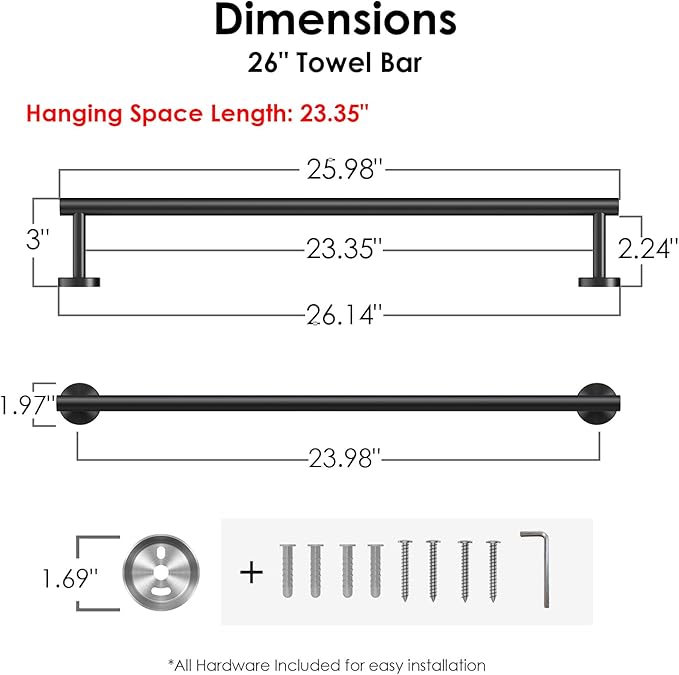 FORIOUS Black Towel Bar for Bathroom Wall, 24 Inch Stainless Steel Towel Racks for Bathroom, Includes Wall Mounting Hardware (Matte Black,Total Length 26-Inch)