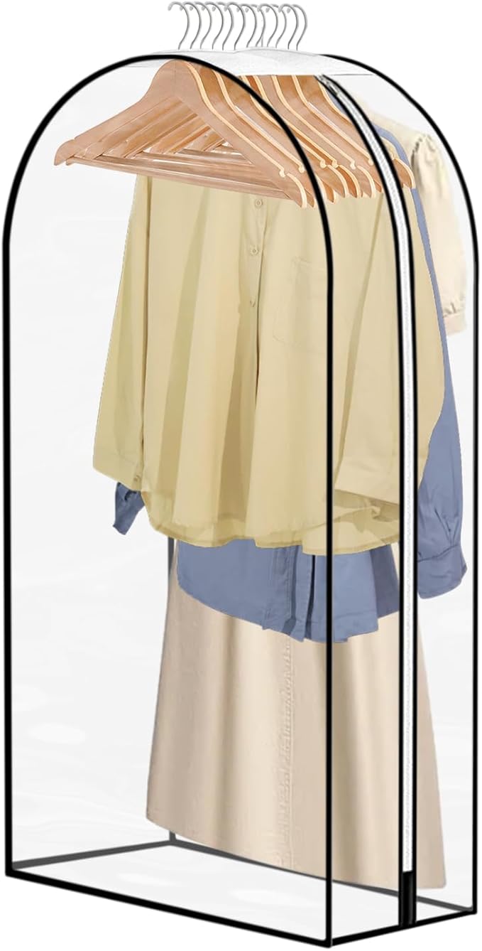 40" Long Clear Garment Bag for Hanging Clothes with Zippers, 10" Gusseted Hanging Plastic Clothes Cover for Suit, Coat, Dress, Shirt