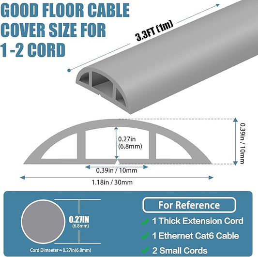Floor Cord Covers for Wires 3.3FT Cable Hider Wire Cover Self Adhesive Cord Hider Floor for Offices, Homes, Workshops, Warehouses Cable Cavity 0.39" W x 0.27" H