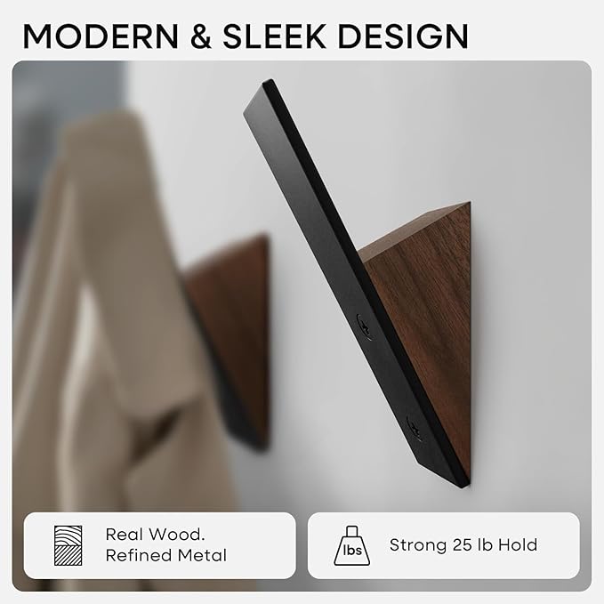 Wall Coat Hook Rack - Set of 3 - Black Walnut Wood Black Metal Decorative Hat Hooks for Hanging Coats - Hat Hangers for Wall
