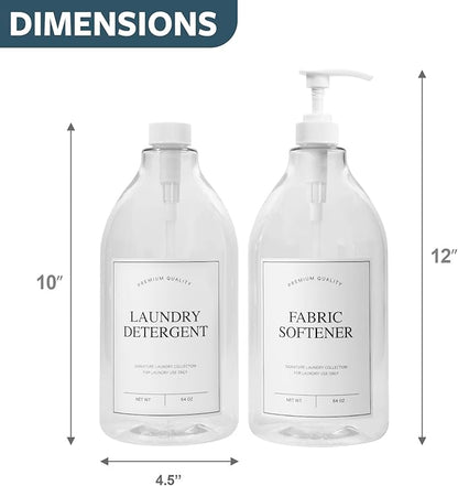 Calindiana Modern Farmhouse Liquid Laundry Detergent and Fabric Softener Dispenser for Laundry Room Decor and Organization, PET Plastic Landry Soap Containers with Water Resistant Labels, Clear 64oz