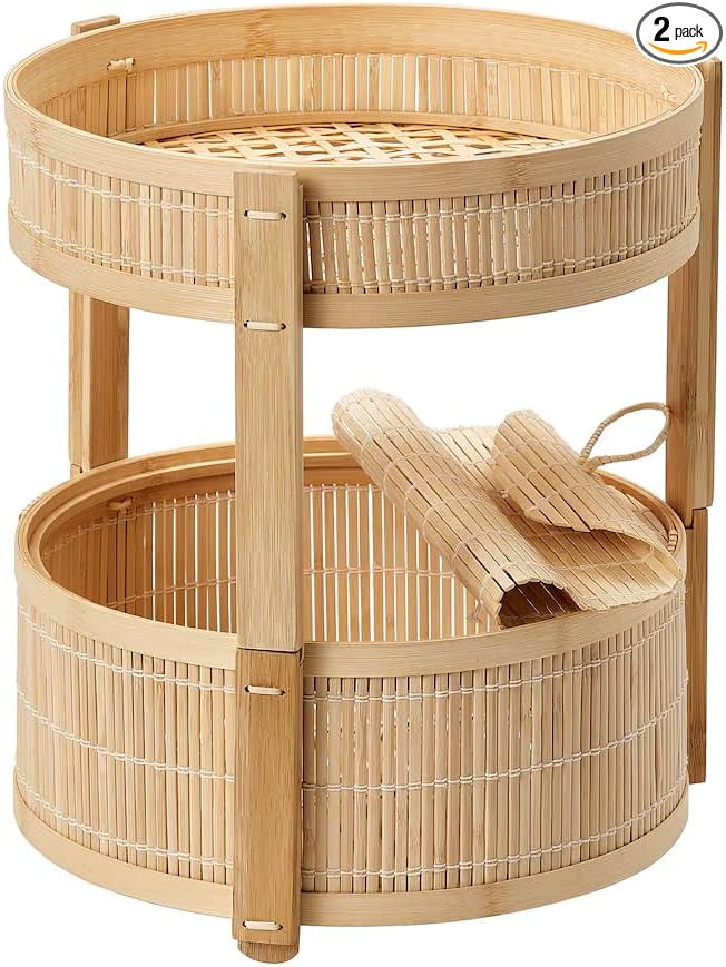 2-Piece Bamboo Fruit Basket Set – Stackable Round Storage Bins for Produce & Pantry
