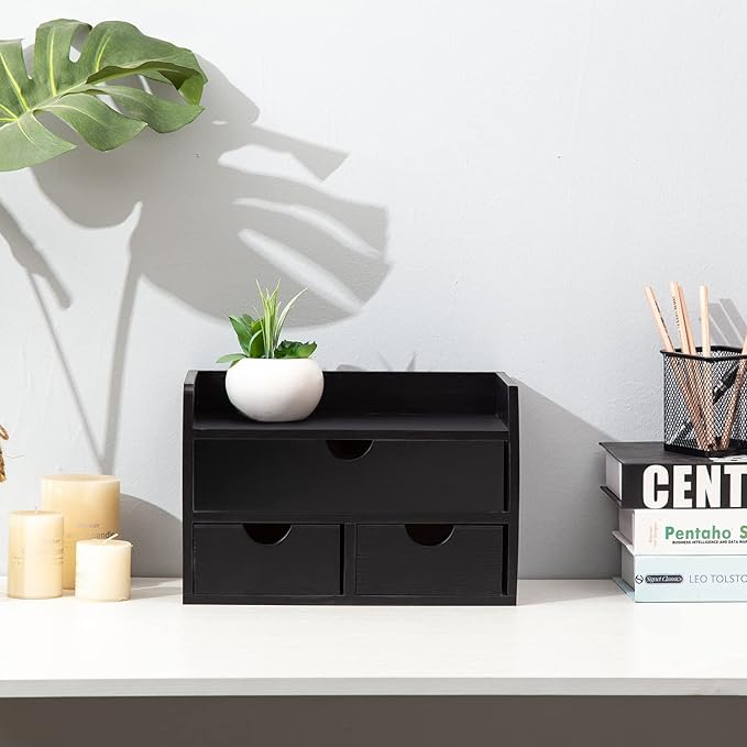 Black Bamboo Desk Organizer Wooden Storage Cabinet 3 Drawers with Shelf Tabletop Organization Box Home Office Workspace Bathroom Toiletries Supplies Caddy Vanity Makeup Stationery Holder