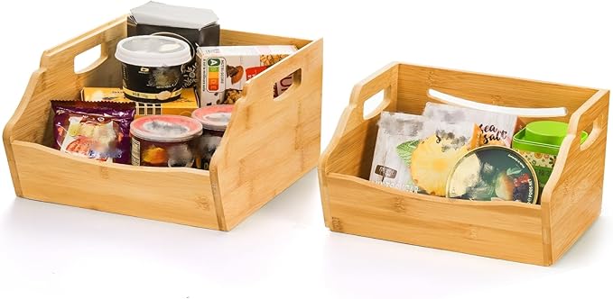 2 Pack Bamboo Stackable Storage Bin, Countertop Open Front Stacking Bins, 2 Tier Organize Basket Box with Handle, Food Fruit Container for Cabinet, Kitchen, Studio, Office