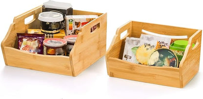 2 Pack Bamboo Stackable Storage Bin, Countertop Open Front Stacking Bins, 2 Tier Organize Basket Box with Handle, Food Fruit Container for Cabinet, Kitchen, Studio, Office
