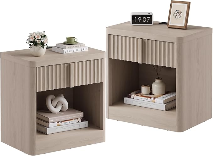 Harpaq Fluted Nightstand Set of 2 with Charging Station, 23.6" Wood End Table with Solid Wood Handle, Curved Profile Design, Mid Century Moden Bedside Table for Bedroom, White Alder