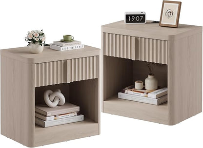 Harpaq Fluted Nightstand Set of 2 with Charging Station, 23.6" Wood End Table with Solid Wood Handle, Curved Profile Design, Mid Century Moden Bedside Table for Bedroom, White Alder