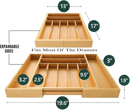 Bamboo Drawer Organizer – Expandable 9 Slot Silverware & Utensil Tray for Kitchen, Office & Kitchen – Fits 13”–19.6” Drawers, Natural Bamboo Wood, Deep Compartments - Durable & Eco-Friendly