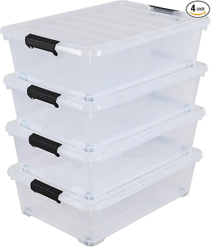 Xyskin 4-Pack Wheeled Underbed Organizer Bins with Latching Lids, 25 Qt Plastic Under Bed Storage Organizer Bin Container, Clear