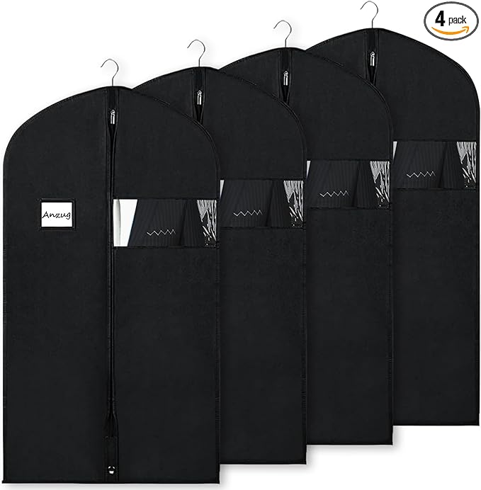 BOMEI PACK Black Garment Bags for Hanging Clothes or Travel 40" Suit Bags for Storage of Coats,Sweater, Jacket,T-shirts and Dresses(4 Packs)