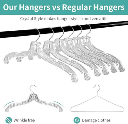 Perfecasa Crystal Clear Plastic Hangers - 20 Pack, Non-Slip, Heavy Duty, Open Notch Shirt & Dress Hangers with Diamond Crystal Cut Pattern