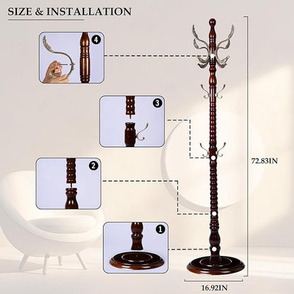 Wood Coat Rack Freestanding, Natural Coats Tree Stand with 14 Metal Hooks, 73" Sturdy and Easy Assembly Coat Rack Stand for Entryway, Hallway, Bedroom, Bags, Hats (Heavy-duty Disc Base, Metal Hook)
