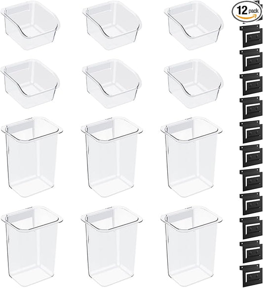 12 Packs Slatwall Accessories,Includes 6 Packs of Slatwall Boxes and 6 Packs of Slatwall Cups,Slatwall Containers Storage Organizer for Craft Garage Tool Storage Room Panel (Transparent)