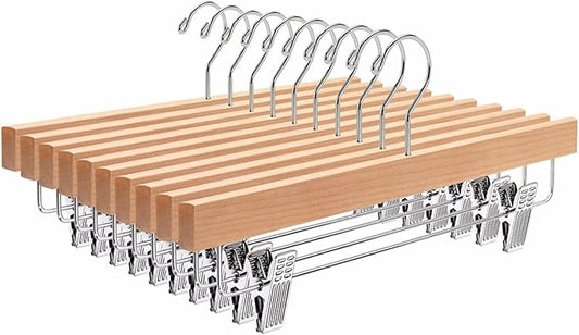 Amber Home 10 Pack Natural Wooden Pants Hangers with Clips, Wood Skirt Hangers Trouser Hangers for Jeans, Slacks, Shorts with 2-Adjustable Clips