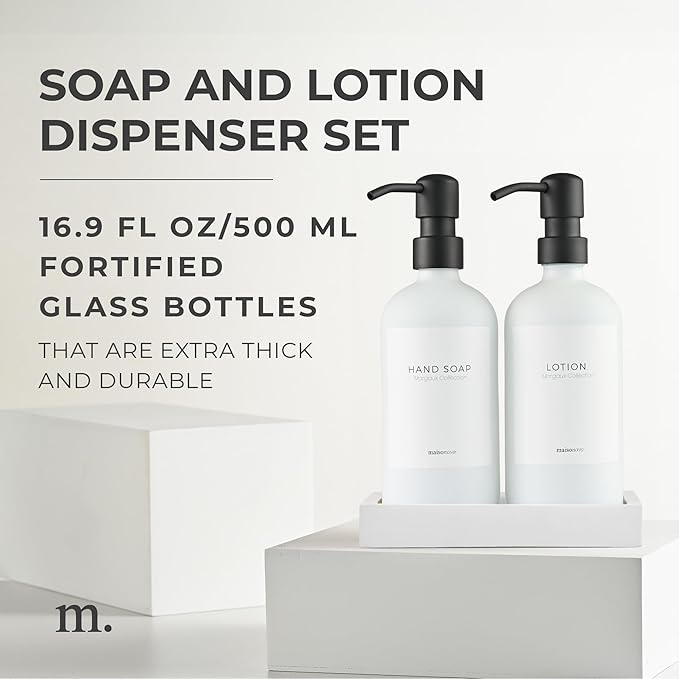 MaisoNovo Soap Dispenser 3-Piece Set | 16.9oz White Bottles with Black Stainless Steel Pump Core