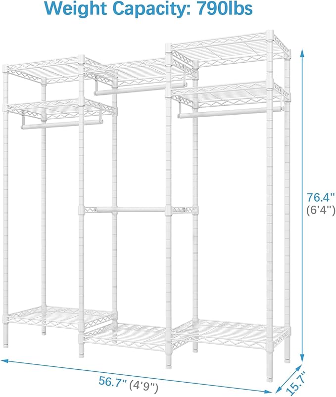 VIPEK V5i Garment Rack Bedroom Armoires Freestanding Closet Organizer, Portable Wardrobe Closet Heavy Duty Clothing Rack with 8 Adjustable Shelves& 4 Hang Rods, 56.7" Lx15.7 Wx76.4 H, White (Medium)