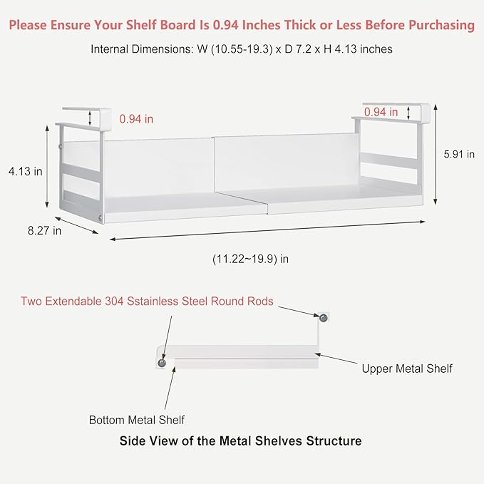 Expandable Under Cabinet Shelf Organizer with 0.94-Inch Thick Clips, Heavy Duty Extendable Under Shelf Storage Basket for Pantry or Laundry Room, White, 1 Pack, Interior: 4.13" H x 7.2" D