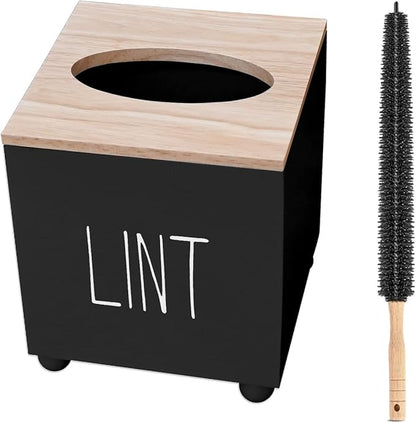 Farmhouse Wooden Lint Holder with Lid - Dryer Lint Trash Can for Laundry Room Decor (Black)