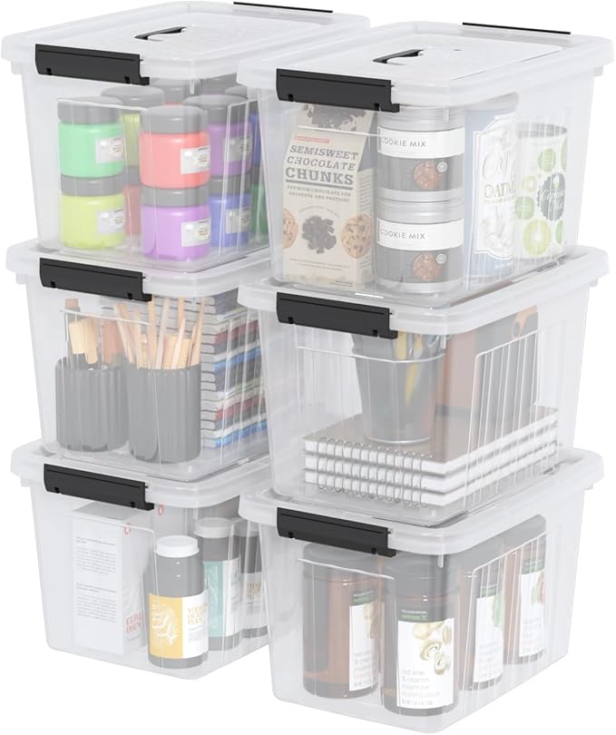 Sadstory 12 Quart Clear Latching Bin with Handle, Plastic Clear Tote Storage with Lid, 6 Packs